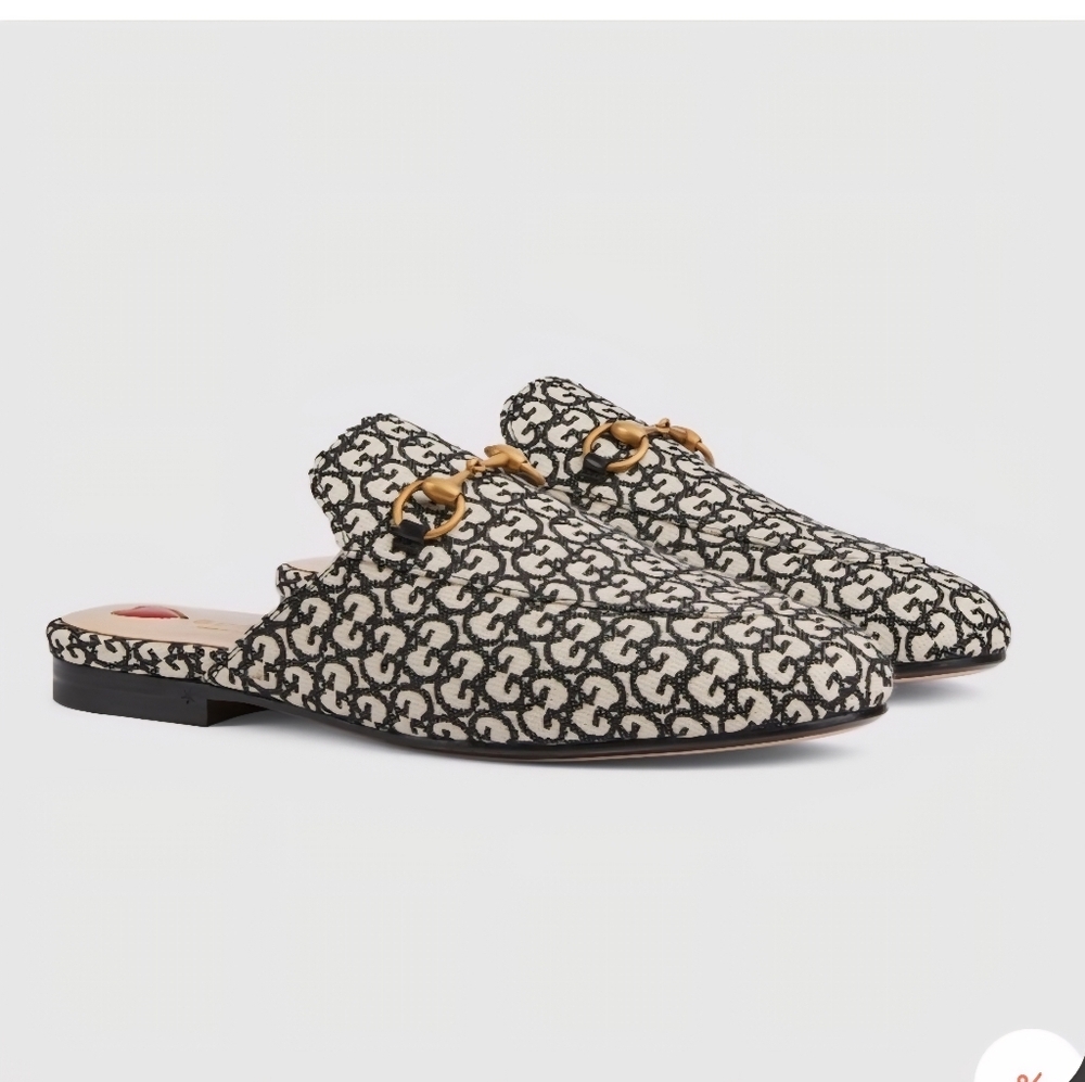 $990 GUCCI PRINCETOWN HORSEBIT GG JACQUARD LOAFER MULE EU 37.5 & 40, US 7.5 & 10